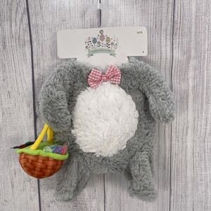Easter Bunny Dog Costume MEDIUM Gray White Faux Fur Pink Gingham Bow Basket